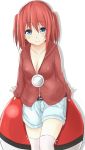  1girl blue_eyes breasts cleavage highres jacket kudrove long_hair looking_at_viewer personification poke_ball pokemon redhead shorts smile solo thighhighs two_side_up white_legwear 