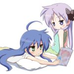  2girls blue_eyes blue_hair casual censored green_eyes hiiragi_kagami izumi_konata long_hair lucky_star mizushima_(p201112) multiple_girls on_stomach pillow purple_hair reading twintails 