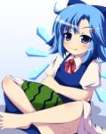  1girl blue_eyes blue_hair cirno eating food fruit hair_ornament hair_ribbon hairpin ice ice_wings indian_style masiromu ribbon sitting solo touhou watermelon wings 