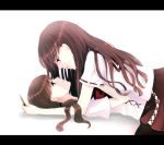  2girls boxcutter brown_hair eye_contact face-to-face gakkou_de_atta_kowai_hanashi girl_on_top iwashita_akemi letterboxed long_hair looking_at_another lying multiple_girls on_back on_stomach simple_background sui_(camellia) white_background yuri 