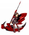  1girl black_legwear boots brown_hair cape cross grey_eyes hamahara_yoshio highres pantyhose ruby_rose rwby scythe short_hair simple_background skirt solo weapon white_background 