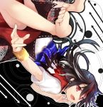  1girl barefoot black_hair efe fang horns kijin_seija long_hair looking_at_viewer multicolored_hair open_mouth red_eyes redhead shirt short_sleeves skirt smile solo touhou two-tone_hair upside-down 