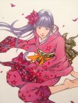  1girl absurdres barefoot brown_eyes eisaku11 flower from_above hair_flower hair_ornament highres japanese_clothes kimono long_hair obi original payot purple_hair sitting solo traditional_media wariza 