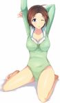  1girl blue_eyes brown_hair character_request leotard short_hair sitting stretch wariza wink 