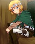  1boy armin_arlert bandages belt blonde_hair blue_eyes blush boots buckle cape hood leg_hug looking_at_viewer marimo_danshaku military military_uniform shingeki_no_kyojin short_hair sitting solo thigh_strap tree uniform 