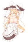  1girl blonde_hair bow braid breasts cleavage gloves hat hat_bow invincible_marisa kirisame_marisa kuresento large_breasts long_hair new_super_marisa_land ribbon single_braid smile solo touhou very_long_hair white_gloves wink witch_hat yellow_eyes 