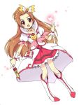  1girl alternate_costume blush boots brown_hair cosplay cure_ace cure_ace_(cosplay) dokidoki!_precure earrings heart jewelry long_hair madoka_aguri mofuko open_mouth pink_eyes precure simple_background solo white_background 