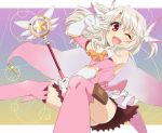  1girl elbow_gloves fate/kaleid_liner_prisma_illya fate_(series) feathers ginmaru gloves hair_feathers illyasviel_von_einzbern kaleidostick long_hair magical_girl prisma_illya red_eyes solo thigh-highs two_side_up v wand white_hair wink 