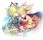  2girls brown_hair cape chibi cis_(carcharias) closed_eyes dress earmuffs ghost_tail green_dress green_hair hat multiple_girls multiple_tails red_string revision sleeping soga_no_tojiko string tail tate_eboshi touhou toyosatomimi_no_miko yellow_eyes 