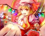  1girl ascot blonde_hair blush cake candy caramel cookie couch crystal eating fangs flandre_scarlet food fork fruit hat i_wanna open_mouth pot puffy_short_sleeves puffy_sleeves red_eyes ribbon short_hair short_sleeves side_ponytail sitting skirt smile solo strawberry touhou vest wings 