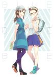  2girls bag brown_eyes brown_hair fashion glasses hands hat high_heels highres holding multiple_girls original sandals wink yoshito 