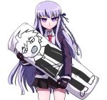  1girl blood braid dakimakura dangan_ronpa gloves highres kirigiri_kyouko long_hair long_sleeves love_lab naegi_makoto necktie nosebleed parody pink_eyes pink_hair rayno side_braid single_braid skirt solo standing very_long_hair white_background 