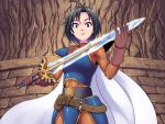  1girl black_hair blue_eyes cape dragon_quest gloves idolmaster kikuchi_makoto looking_at_viewer oku_(okumen) open_mouth short_hair solo sword weapon 