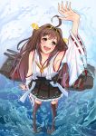 1girl ahoge akai_mosamosa brown_hair detached_sleeves hair_ornament hairband headgear japanese_clothes kantai_collection kongou_(kantai_collection) long_hair open_mouth personification smile solo water wide_sleeves 