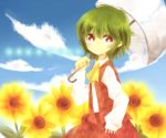 1girl flower green_hair kazami_yuuka parimu red_eyes solo summer sunflower touhou umbrella 