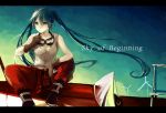  1girl copyright_name crimsonseed gloves goggles goggles_around_neck green_eyes green_hair hatsune_miku letterboxed long_hair sitting solo twintails very_long_hair vocaloid 