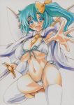  1girl alternate_costume aqua_hair bikini blue_eyes breasts cape cleavage daiyousei fairy_wings hair_ribbon large_breasts looking_at_viewer marker_(medium) millipen_(medium) navel necktie necktie_between_breasts open_mouth outstretched_arm outstretched_hand pencil_crayon_(medium) ribbon side_ponytail smile solo swimsuit sword thighhighs touhou traditional_media underboob weapon white_bikini white_legwear white_swimsuit wings yutakasan-love 