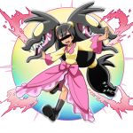  1girl black_hair bow censor_bar censored fusion iris_(pokemon) long_hair long_sleeves mawile mega_pokemon open_mouth pokemon tk8d32 