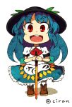  1girl blue_hair bow chibi ciruan hat hinanawi_tenshi long_hair open_mouth red_eyes simple_background smile solo sword sword_of_hisou touhou weapon white_background 