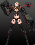  1girl absurdres black_legwear blonde_hair breasts character_name cherno_alpha cleavage_cutout crest full_body garter_belt garter_straps glowing highres long_hair mecha_musume mechanical_arms mullet navel neon_trim pacific_rim personification power_suit red_eyes robot_joints sigm@ thighhighs 