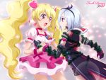  2girls arm_around_waist blonde_hair blue_hair blush copyright_name cure_peach eas eye_contact fresh_precure! hairband higashi_setsuna keybowd long_hair looking_at_another momozono_love multiple_girls open_mouth pink_eyes precure red_eyes short_hair sparkle thorns twintails wrist_grab 