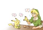  blonde_hair blue_eyes earrings hat heart hymmne jewelry link musical_note needle nintendo pikachu pointy_ears pokemon sewing smile stuffed_animal stuffed_toy super_smash_bros. the_legend_of_zelda 