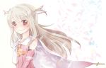  1girl fate/kaleid_liner_prisma_illya fate_(series) feathers gloves hair_feathers hane4263 illyasviel_von_einzbern long_hair magical_girl prisma_illya red_eyes smile solo two_side_up white_hair 