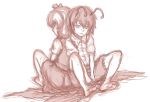  antennae back-to-back barefoot blush feet hair_ribbon kuro_suto_sukii monochrome multiple_girls ribbon rumia short_hair sitting sketch sweat toes touhou wriggle_nightbug 