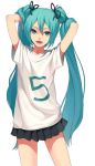  1girl 5 aqua_hair arms_up artist_request blue_eyes hatsune_miku long_hair number skirt solo t-shirt twintails 