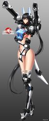  1girl absurdres black_hair blue_eyes blush breasts character_name coyote_tango crest dual_wielding full_body glowing headgear highres long_hair mecha_musume mechanical_arm navel pacific_rim personification ponytail robot_joints shoulder_cannon sideboob sigm@ very_long_hair 