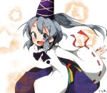  1girl blush ciruan grey_eyes grey_hair hat japanese_clothes kariginu mononobe_no_futo open_mouth ponytail ribbon short_hair skirt smile solo star tate_eboshi touhou wide_sleeves 