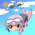  1girl blush chibi clouds falling goggles goggles_on_head helicopter idolmaster idolmaster_cinderella_girls jumpsuit koshimizu_sachiko parachute producer_(idolmaster) sky skydive sun tenshou_(pixiv) 