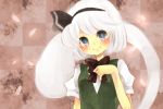  1girl blue_eyes blush checkered checkered_background hair_ribbon konpaku_youmu konpaku_youmu_(ghost) parimu petals ribbon solo touhou white_hair 