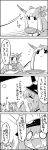  2girls 4koma belt bow closed_eyes comic hair_bow hat highres hinanawi_tenshi horn_ribbon horns ibuki_suika long_hair long_image monochrome multiple_girls o_o open_mouth ribbon sitting smile tall_image tani_takeshi touhou translation_request waving yukkuri_shiteitte_ne 