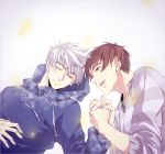  2boys brown_eyes brown_hair holding_hands hoodie jack_frost_(rise_of_the_guardians) jamie_bennett multiple_boys rise_of_the_guardians sara666 silver_hair 