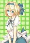  1girl alice_margatroid alice_margatroid_(pc-98) blonde_hair blue_eyes bow breasts hair_bow hair_ribbon hairband highres ribbon shirt short_hair short_sleeves skirt smile solo suspenders tosk_(swav-coco) touhou touhou_(pc-98) 