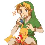  1boy asozan_(cocomil) blonde_hair blue_eyes bottle earrings hat heart jewelry ketchup link pikachu pointy_ears pokemon pokemon_(creature) super_smash_bros. the_legend_of_zelda 