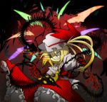 1girl blonde_hair bow claws crazy_eyes evil evil_grin evil_smile flandre_scarlet glowing glowing_eyes grin hair_bow long_hair monster sharp_teeth side_ponytail smile touhou wings 