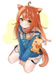  1girl :3 animal_ear_fluff animal_ears blue_hoodie blush bow braid brown_hoodie cowlick english_commentary eyebrows_visible_through_hair green_bow highres hood hoodie idol_(vtuber_group) kneeling long_hair neo_sparkles red_bow second-party_source sleeves_past_fingers sleeves_past_wrists solo tail totora two-tone_hoodie virtual_youtuber white_background 