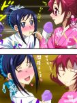  2girls :d :t =_= aida_mana alternate_costume alternate_hairstyle blue_eyes blue_hair blush cup dokidoki!_precure eating eyelashes feeding hair_up happy heart highres hishikawa_rikka japanese_clothes karuta_(karuta01) kenzaki_makoto kimono multiple_girls open_mouth pale_face pink_eyes pink_hair precure rakeru_(dokidoki!_precure) sharuru_(dokidoki!_precure) shaved_ice shoving smile yukata yuri 