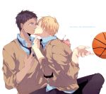  2boys basketball blonde_hair blue_eyes blue_hair kise_ryouta kiss kuroko_no_basuke multiple_boys sara666 surprised sweater yaoi 