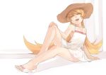  1girl bakemonogatari blonde_hair dafei dress long_hair monogatari_(series) open_mouth oshino_shinobu smile solo white_dress yellow_eyes 