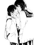  2girls backpack bag baggy_clothes black_hair blush hands_on_another&#039;s_cheeks hands_on_another&#039;s_face kiss monochrome multiple_girls nose_kiss rarariot school_uniform smile yuri 