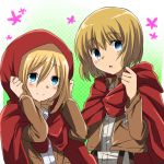  1boy 1girl :o armin_arlert belt blonde_hair blue_eyes blush buckle christa_renz flower hood hood_down little_red_riding_hood little_red_riding_hood_(cosplay) long_hair marimo_danshaku military military_uniform shingeki_no_kyojin short_hair smile uniform 