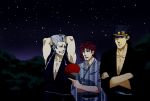  3boys after_satellites black_hair fan grey_hair hat japanese_clothes jean_pierre_polnareff jojo_no_kimyou_na_bouken kakyouin_noriaki kimono kuujou_joutarou multiple_boys paper_fan redhead uchiwa 