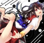 1girl barefoot black_hair bracelet dress efe fang horns jewelry kijin_seija long_hair looking_at_viewer multicolored_hair open_mouth red_eyes redhead short_sleeves smile solo touhou two-tone_hair white_dress 