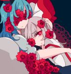  2girls blue_hair bow flower fujiwara_no_mokou hair_bow hat hug kamishirasawa_keine long_hair multiple_girls red_eyes silver_hair touhou wan_mame 