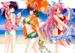  3girls :d absurdres ass bikini blue_bikini blue_hair breasts brown_eyes brown_hair cleavage dress girls_bravo green_bikini highres huge_filesize kojima_kirie koyomi_hare_nanaka mario_kaneda miharu_sena_kanaka multiple_girls open_clothes open_mouth open_shirt pink_eyes pink_hair red_bikini short_shorts shorts side-tie_bikini smile swimsuit tagme towel umbrella violet_eyes 