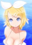 1girl bare_shoulders bikini blonde_hair blue_background blue_eyes blush bra breasts bust cleavage collarbone facing_viewer hair_bow hair_ribbon highres kagamine_rin looking_at_viewer open_mouth pon_(shind_997) ribbon short_hair sideboob solo swimsuit vocaloid white_bikini white_bikini_top white_bow white_bra white_hair_bow white_swimsuit