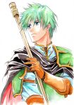  1boy agahari aqua_hair armor blue_eyes cape ephraim fire_emblem fire_emblem:_seima_no_kouseki gloves green_hair holding polearm prince serious short_hair solo spear weapon 